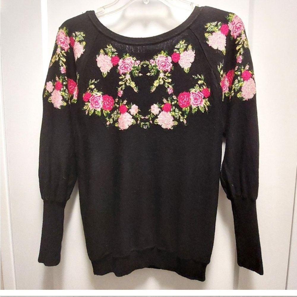 VTG WoolBlend Black Long Sleeve Knit Sweater W/Multi-Floral Embroidery-EUC Sz S - Picture 13 of 16